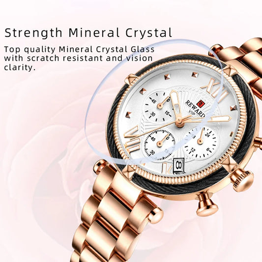 REWARD Fashion Women Wristwatch Stainless Steel Strap Quartz Watches Chronograph Calendar Waterproof Wrist Watch