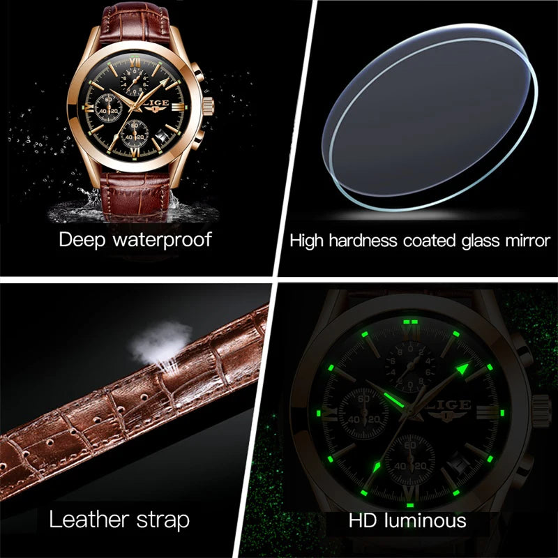 LIGE New Fashion Mens Watches Top Brand Luxury Military Quartz Watch Premium Leather Waterproof Sport Chronograph Watch for Men