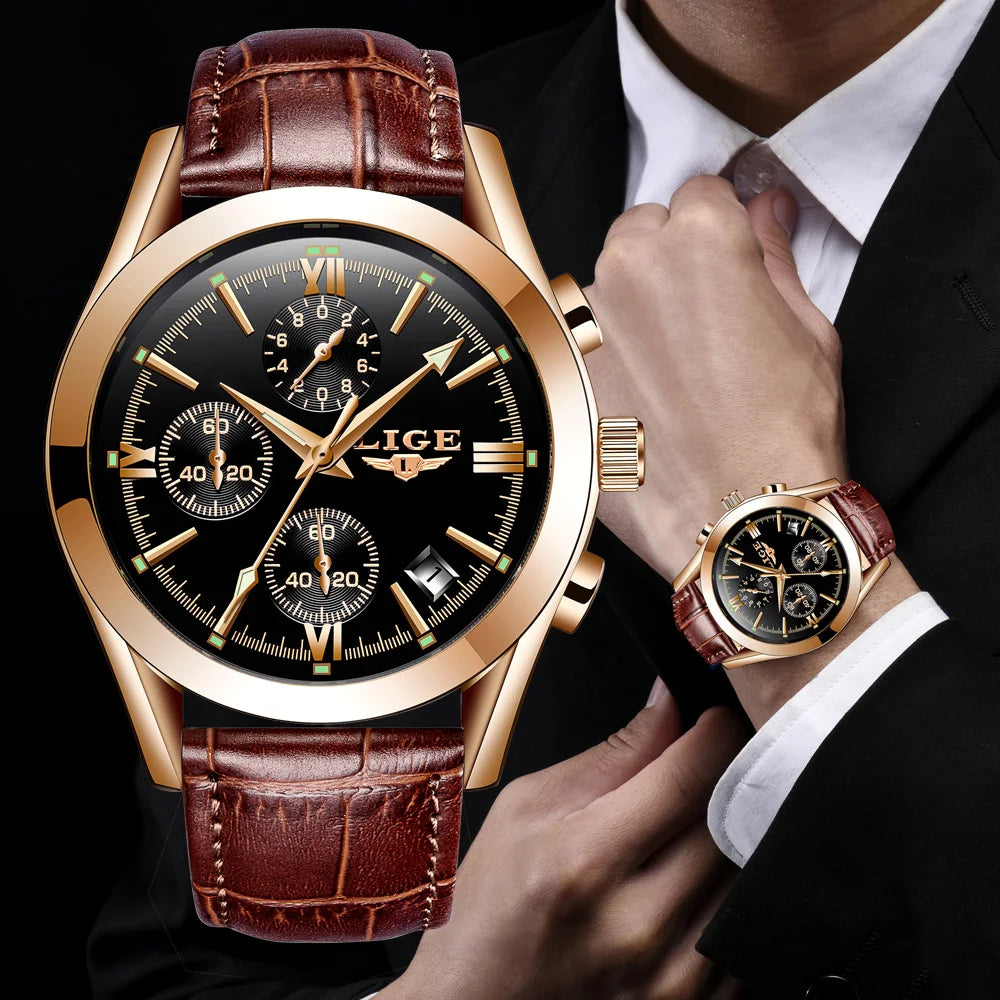LIGE New Fashion Mens Watches Top Brand Luxury Military Quartz Watch Premium Leather Waterproof Sport Chronograph Watch for Men