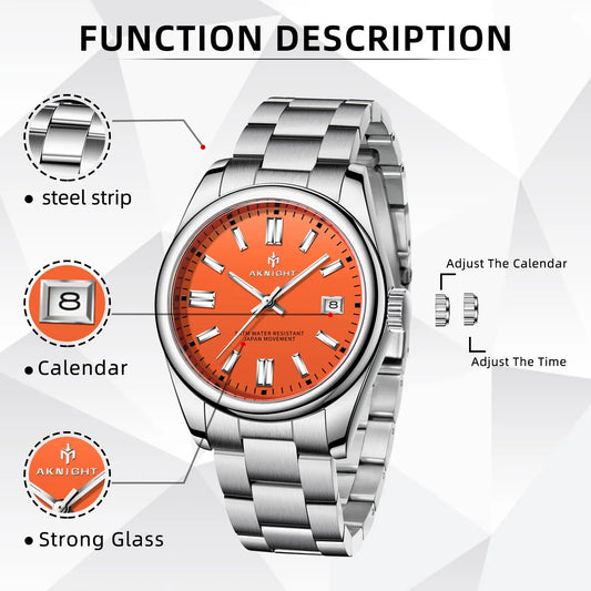 AKNIGHT Watch for Men Analog Quartz Wristwatches Waterproof Chronograph Watche Stainless Steel Band